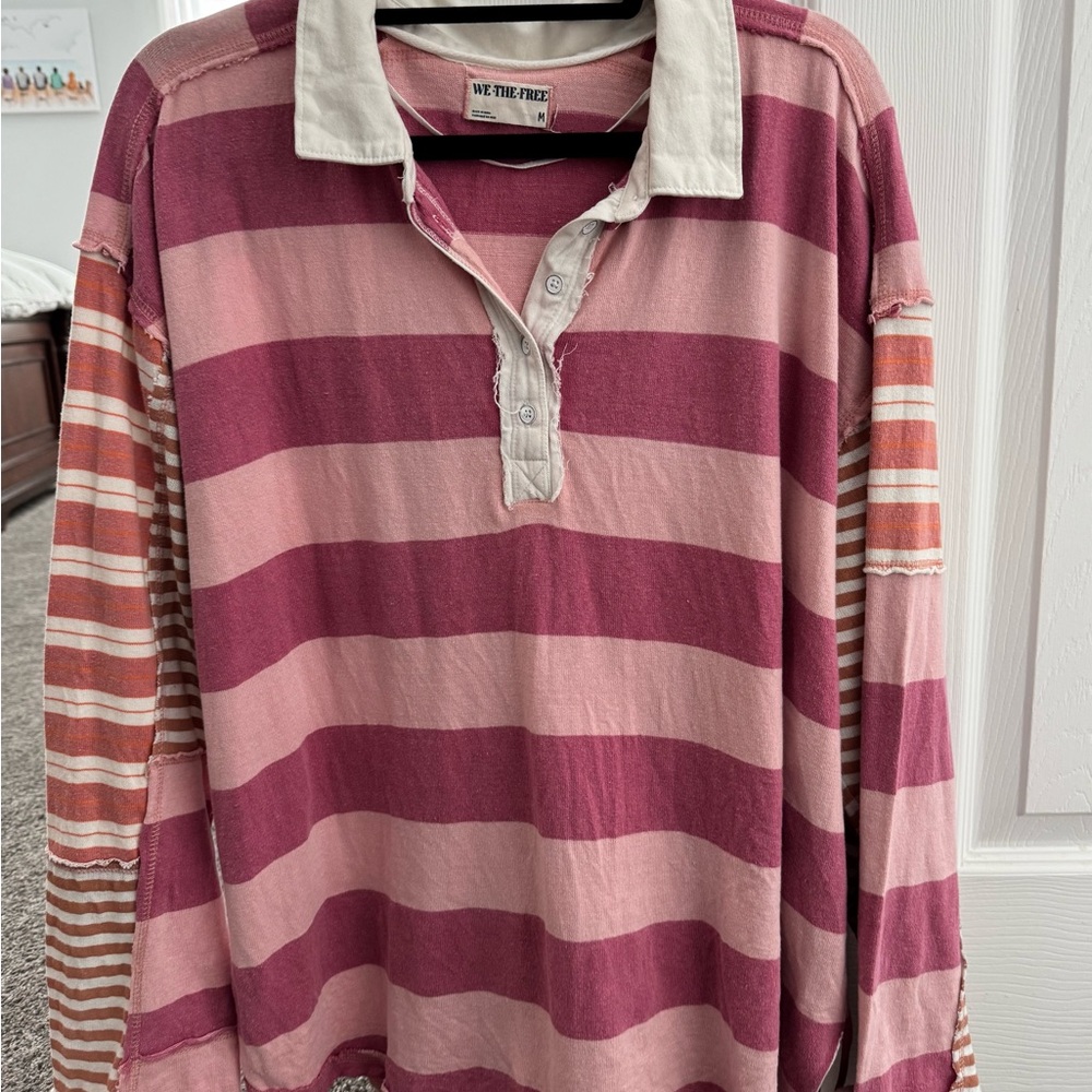 FP Movement by Free People Burgundy and Beige Striped Button Down